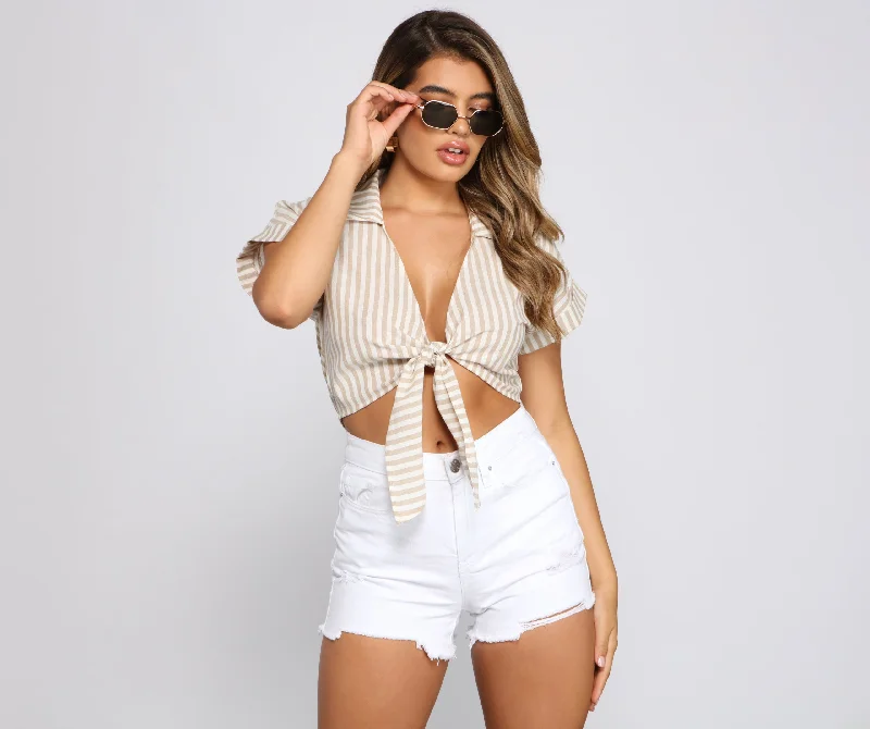 Price Break Stylish Stripes Tie Front Top