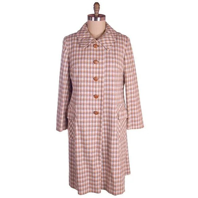 Vintage Ladies Spring Coat Late 1970s Plaid Gray Peach Flattering 44-44-48