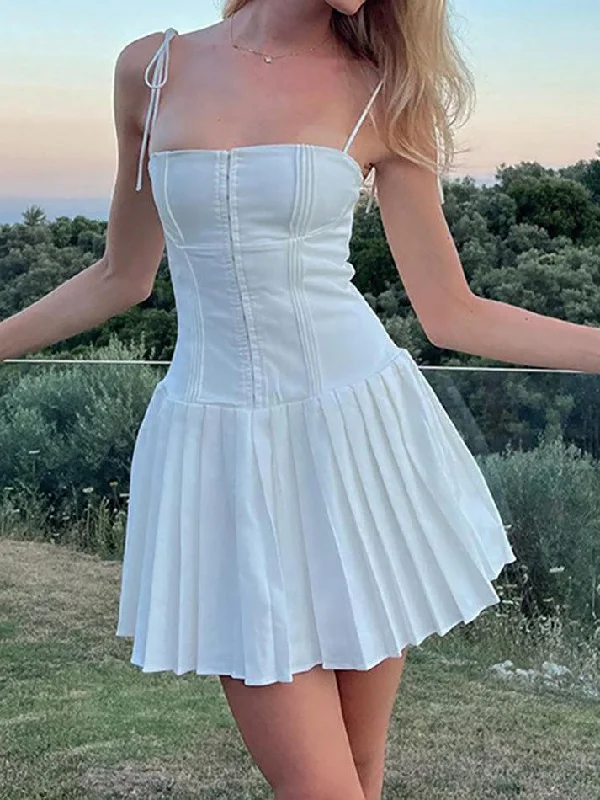 Flash Deals Spaghetti Strap Plain Pintuck Mini A-Line Dress
