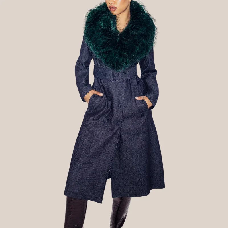Inventory Reduction Denim Double Breasted Trench Coat - Dark Navy