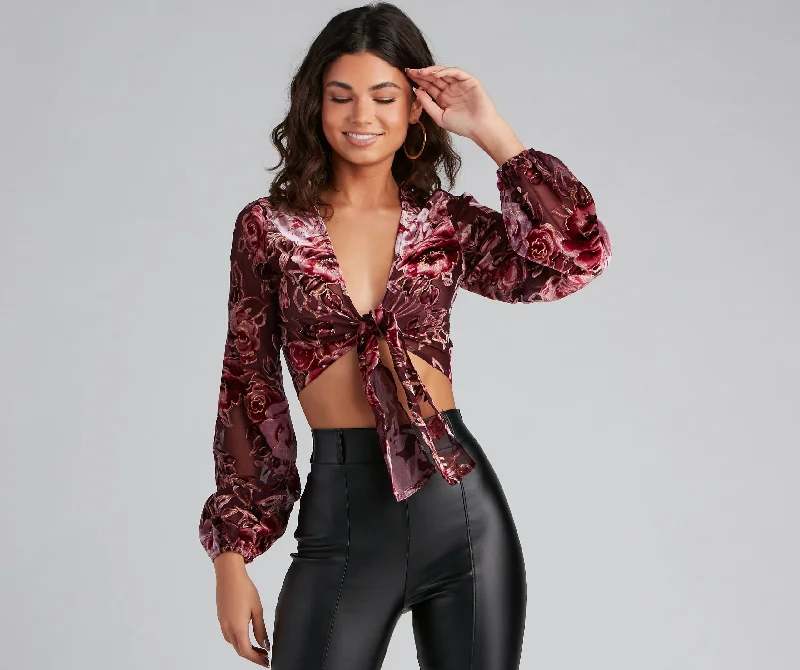 Can't Be Beat Luxe Velvet Floral Tie-Front Top