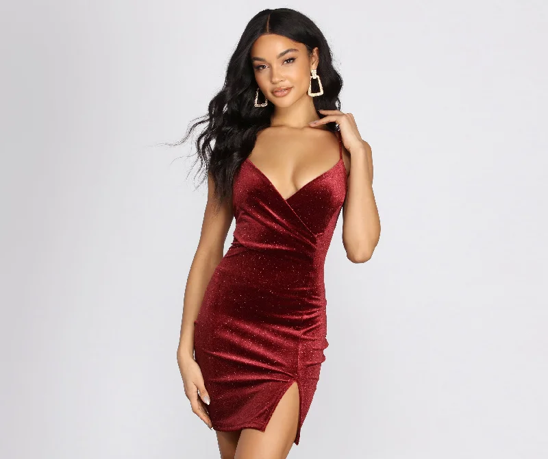 Exclusive Access Glitter Velvet Front Slit Mini Dress
