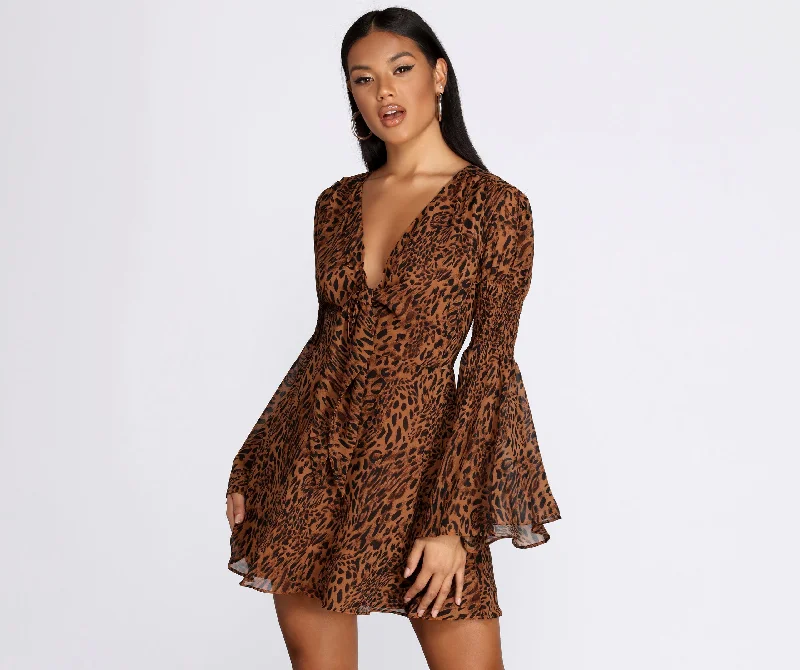 Exclusive Savings Leopard Bell Sleeve Chiffon Mini Dress