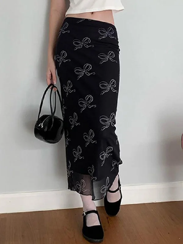 Get It Before It’s Gone Vintage Bow Print Mesh Midi Skirt