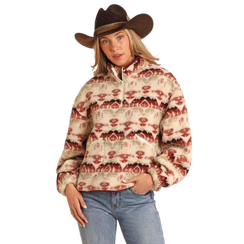 Lowest Price Panhandle Ladies Aztec Print Quarter Zip Eggshell Sherpa Pullover Sweater BW91C05248