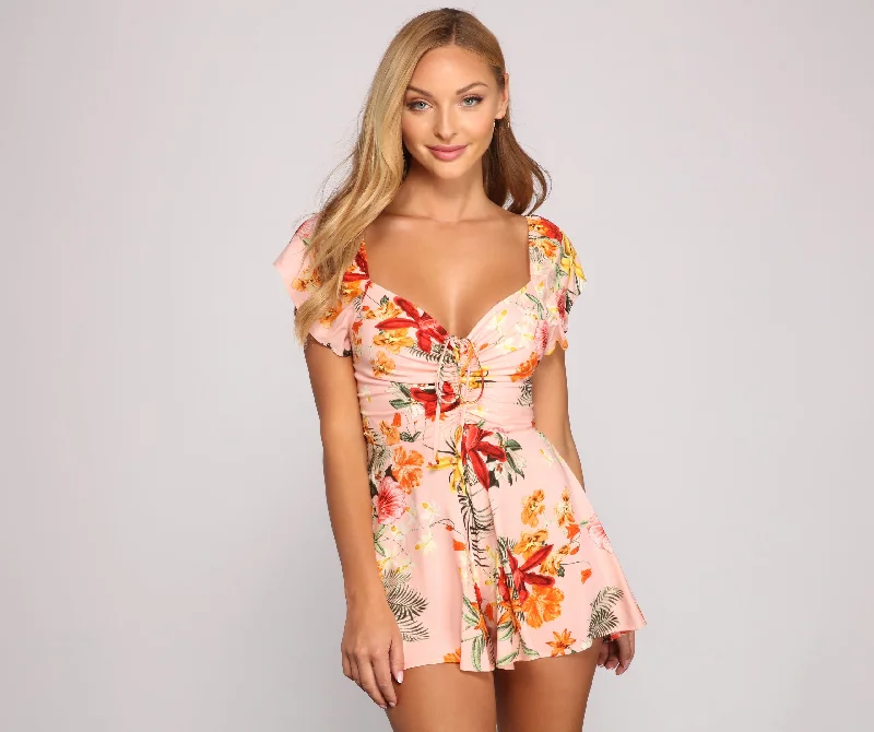 Amazing Deals Island Bound Ruched Tropical Romper