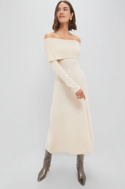 Act Now Oatmeal Off the Shoulder Maxi Dress