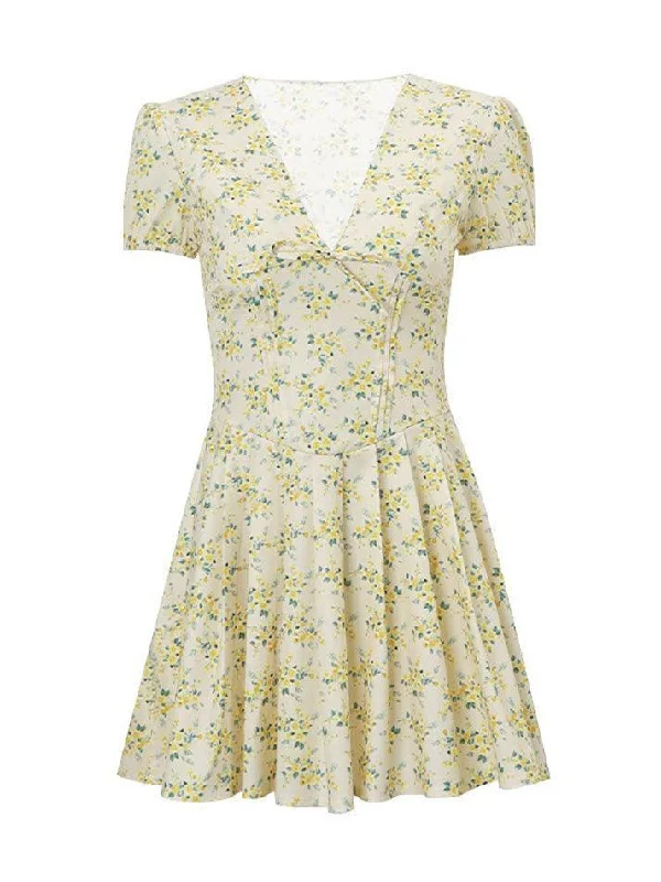 Flash Sale Floral Bubble Sleeve V-Neck Dress