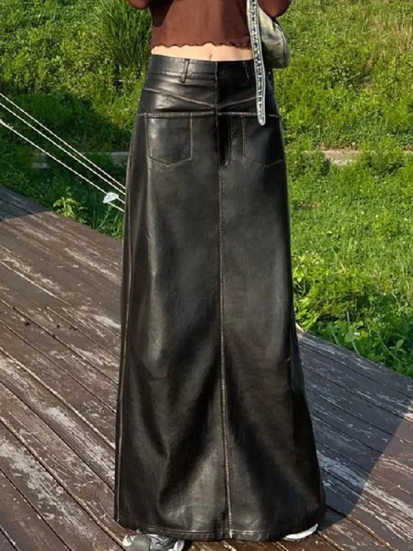 Bargain Bin Vintage Leather Multi Pocket Maxi Skirt
