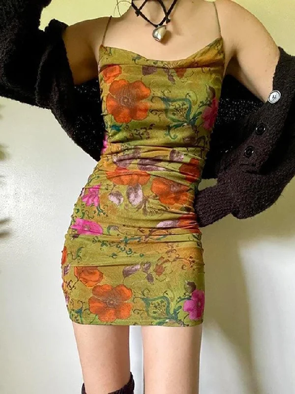 Don't Wait Vintage Floral Print One-Shoulder Pleated Halter Dress