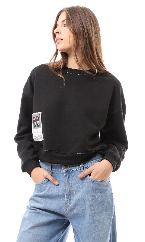 Final Clearance O174767 Black Round Neck Sweatshirt With Ribbed Hem
