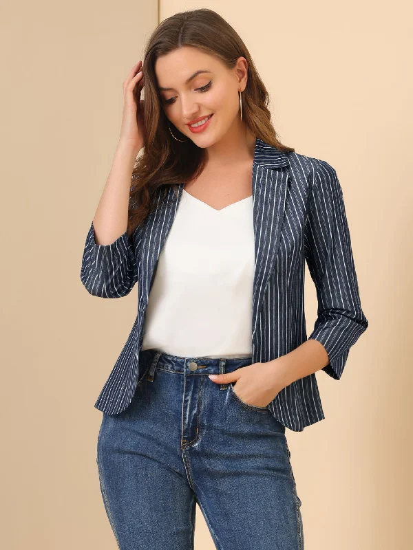 Striped 3/4 Sleeve Open Front Notched Lapel Blazer