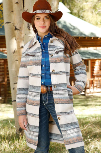 YEAR-End Clearance Cruel Women's White Western Stripe Long Shacket