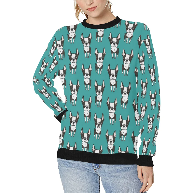 Deal Dash Hand drawn boston terrier dog pattern Women's Crew Neck Sweatshirt