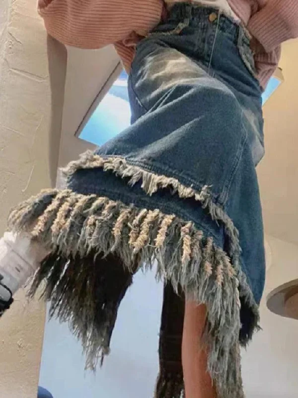 Grand Opening Sale Vintage Denim Tassel Hem Split Maxi Skirt