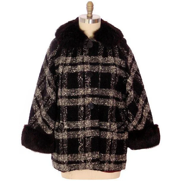 Vintage Car Coat Black & White Mohair Tweed Fur Collar 1950s up to 46" Bust