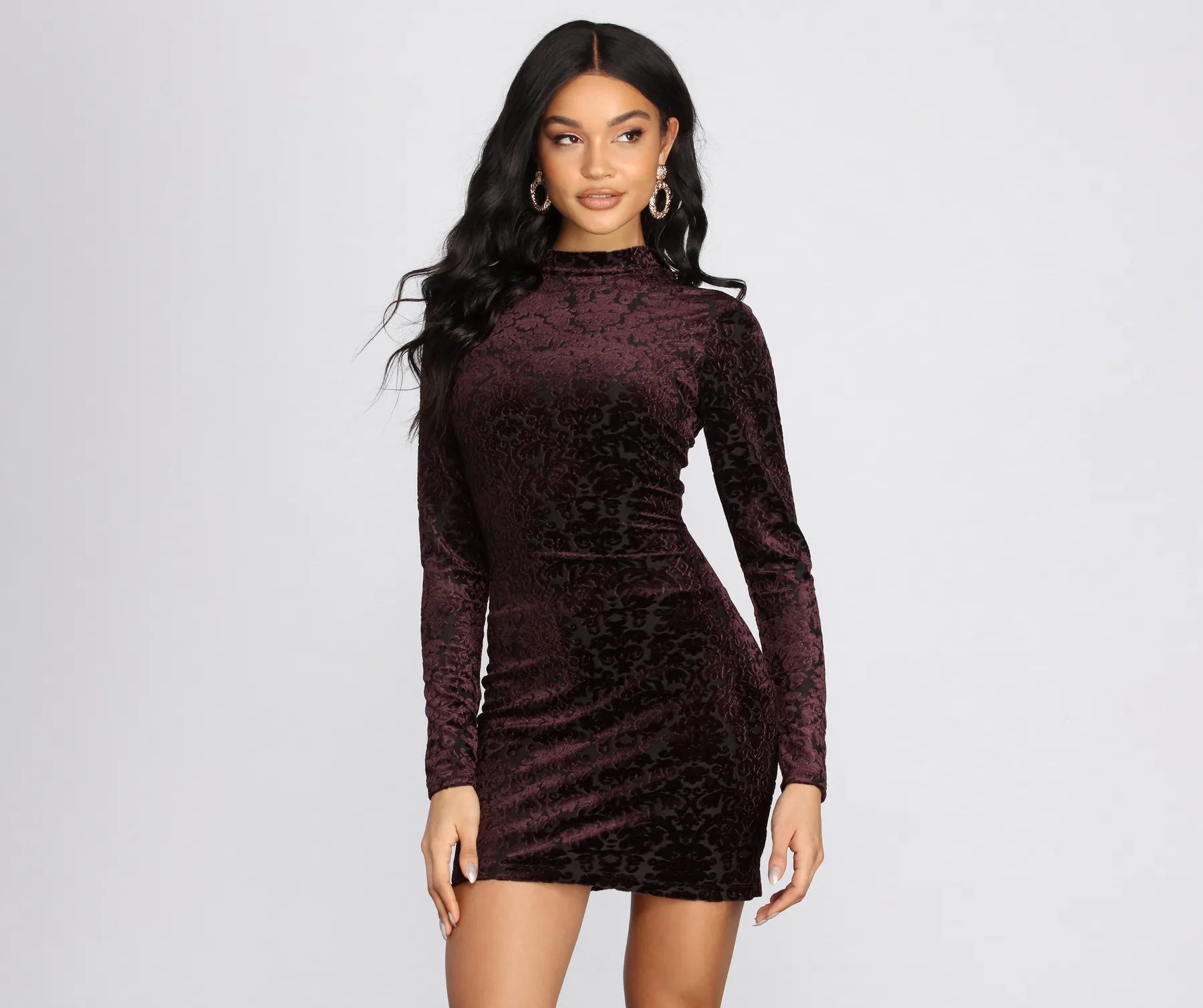 Act Now Flocked Velvet Mock Neck Mini Dress