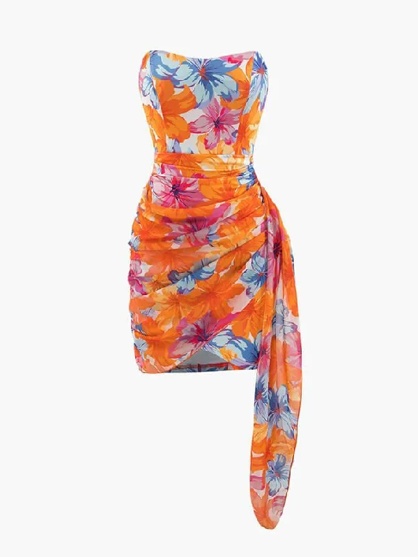 Anniversary Sale Floral Print Wrap Ruched Strapless Mini Dress