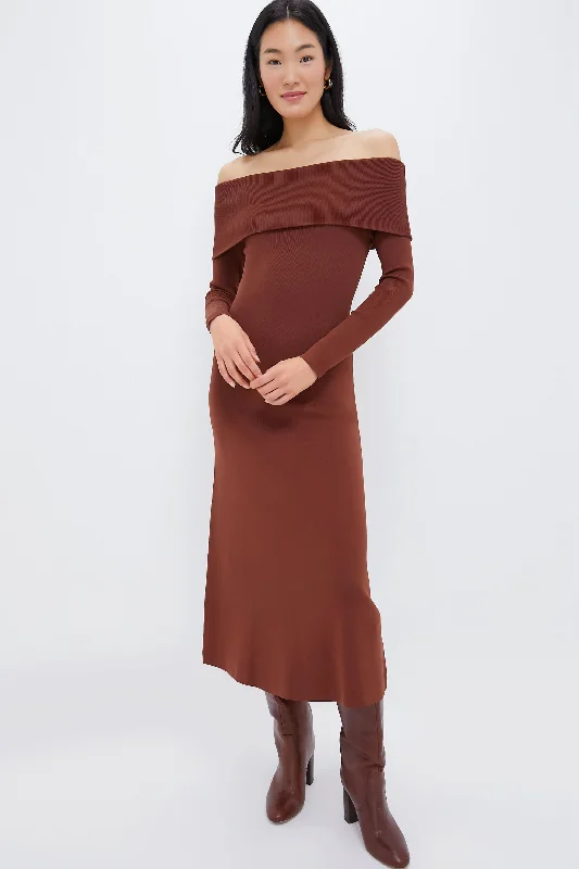 Can't Miss Mocha Knit Off-The-Shoulder Adrianna Dress