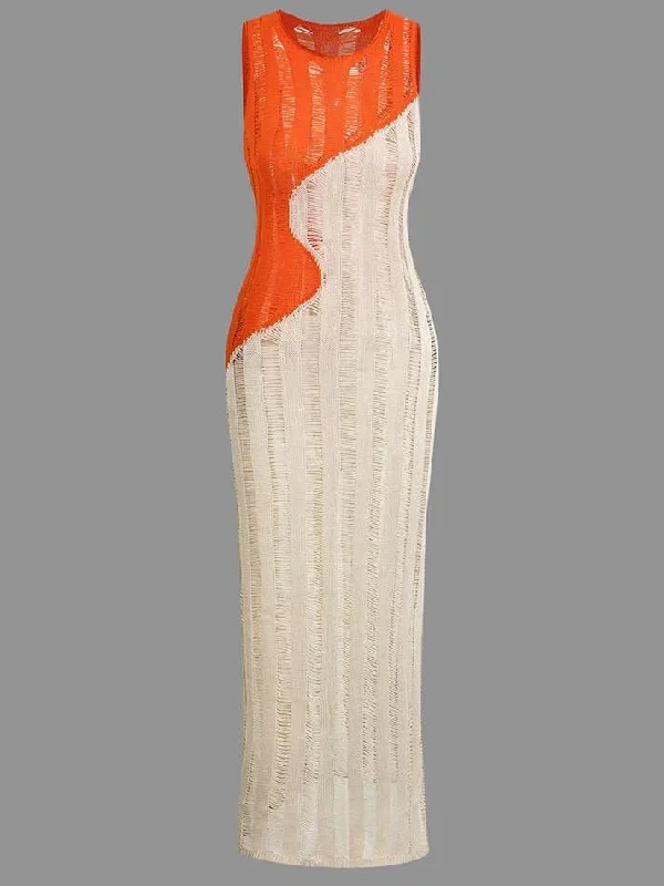 Act Fast Contrast Distressed Ladder Knit Dress