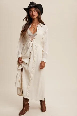 Instant Discount Smocked Bodice Ruffle Detail Button Down Maxi Dress