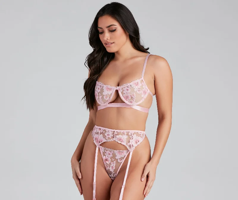 Midnight Madness Floral Escape Mesh Bra And Panty Garter Set