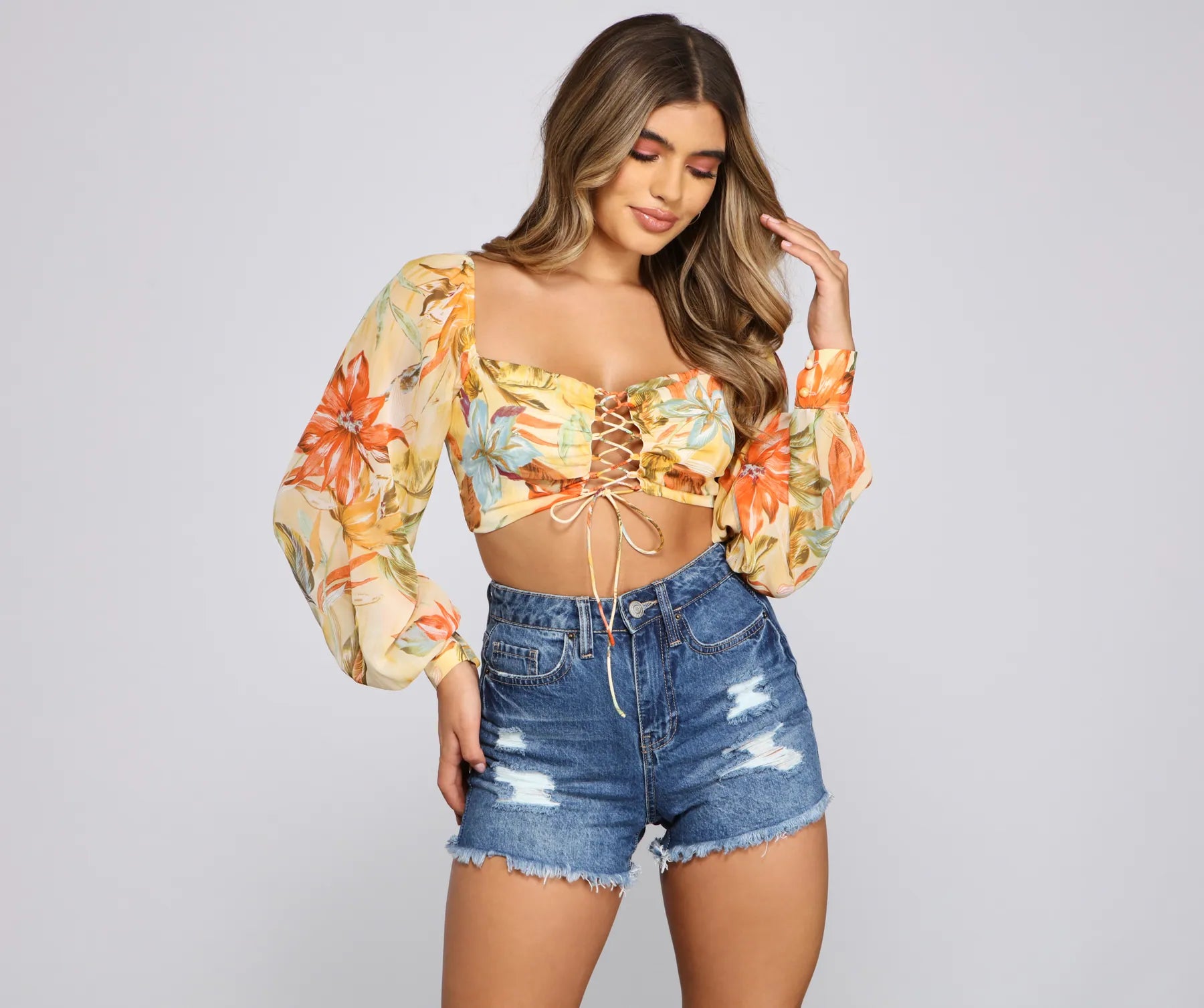 Huge Discounts Tropical Vibes Lace-Up Crop Top
