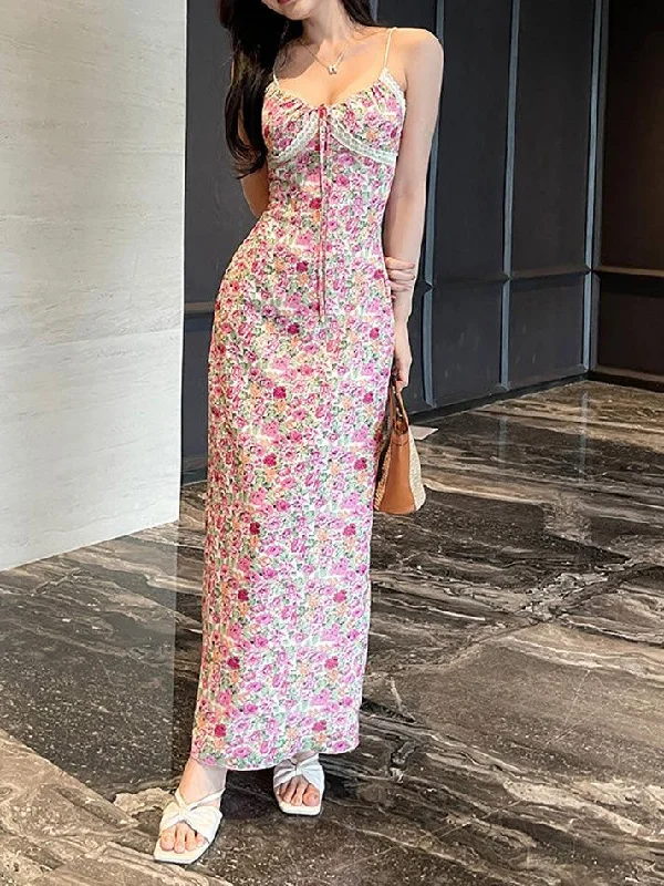 Blowout Sale Floral Print Tie Front Maxi A-Line Dress