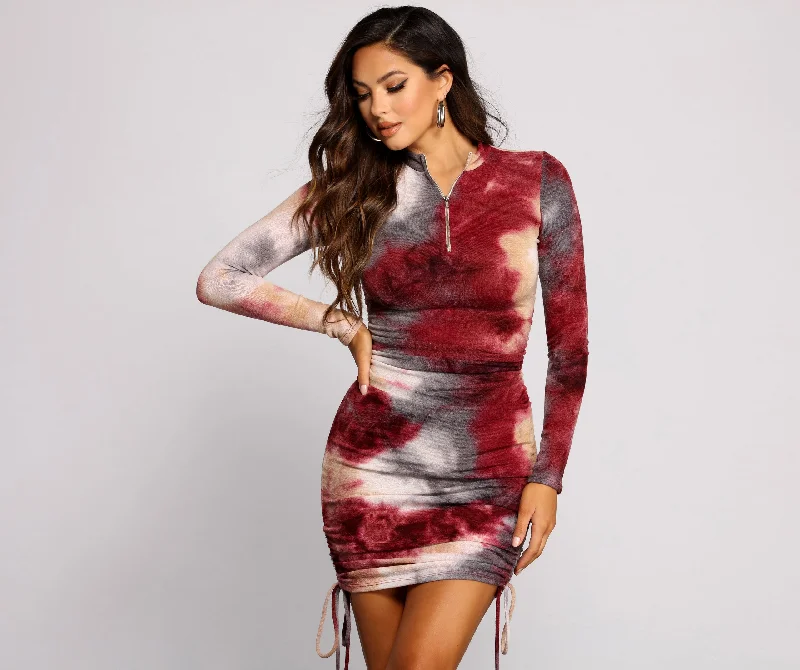 Deal Dash Keeping Knit Retro Tie Dye Ruched Mini Dress