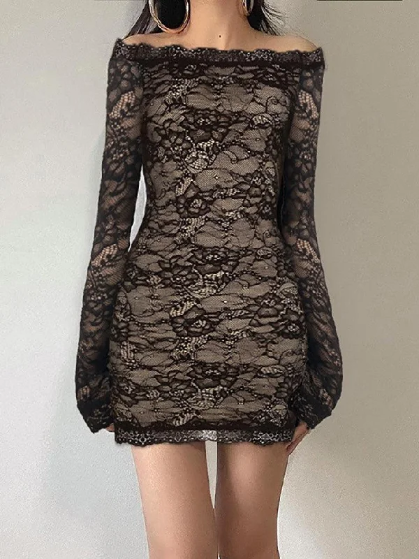 Exclusive Preview Off-Shoulder Lace Hollow-Out Mesh Mini Dress
