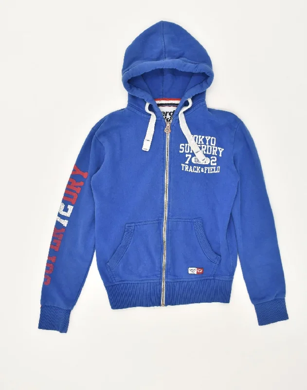 Savings Bonanza SUPERDRY Womens Graphic Zip Hoodie Sweater UK 6 XS Blue Cotton