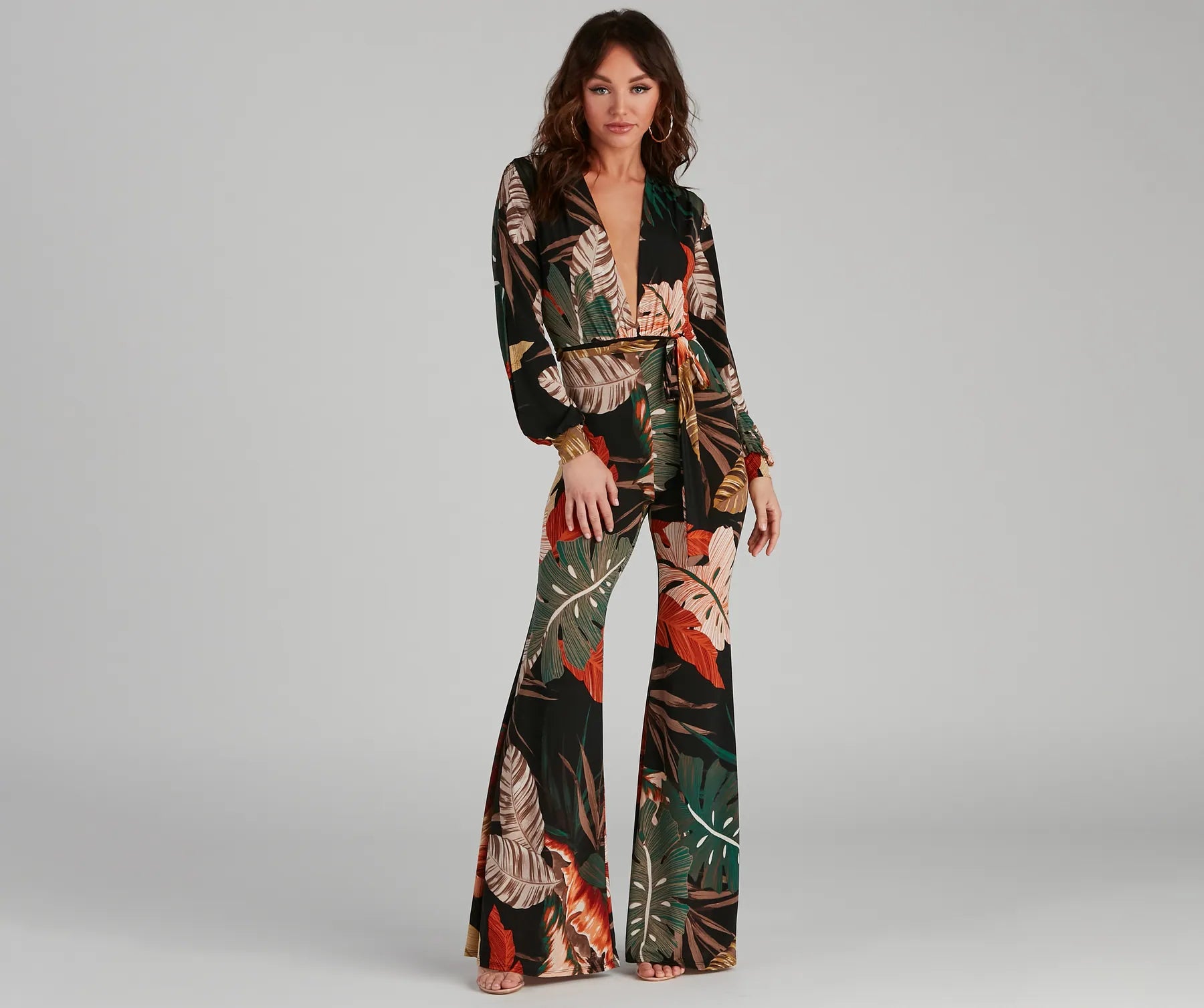 Reduced Prices Island Getaway Plunge Neck Tropical Jumpsuit