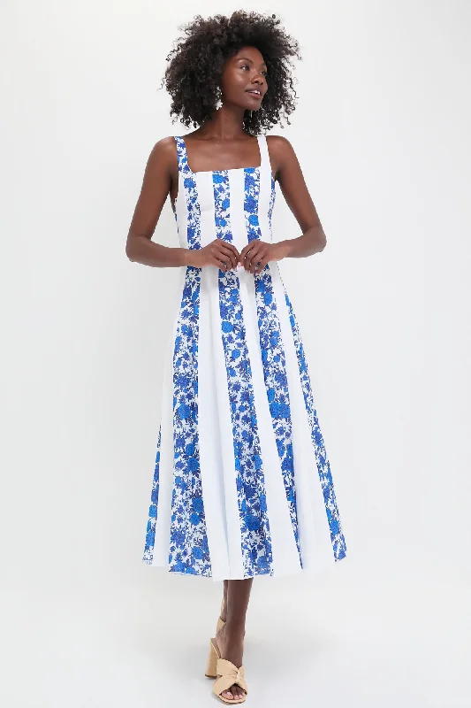 Steals and Deals White and Blue Floral Linen Midi Dress