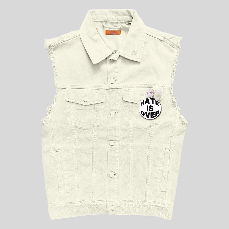 Don't Wait Sleeveless Raw Edge Denim Jacket - Beige