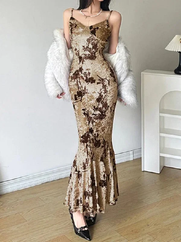 Bargain Blast Velvet Vintage Flower Print Cami Mermaid Maxi Dress