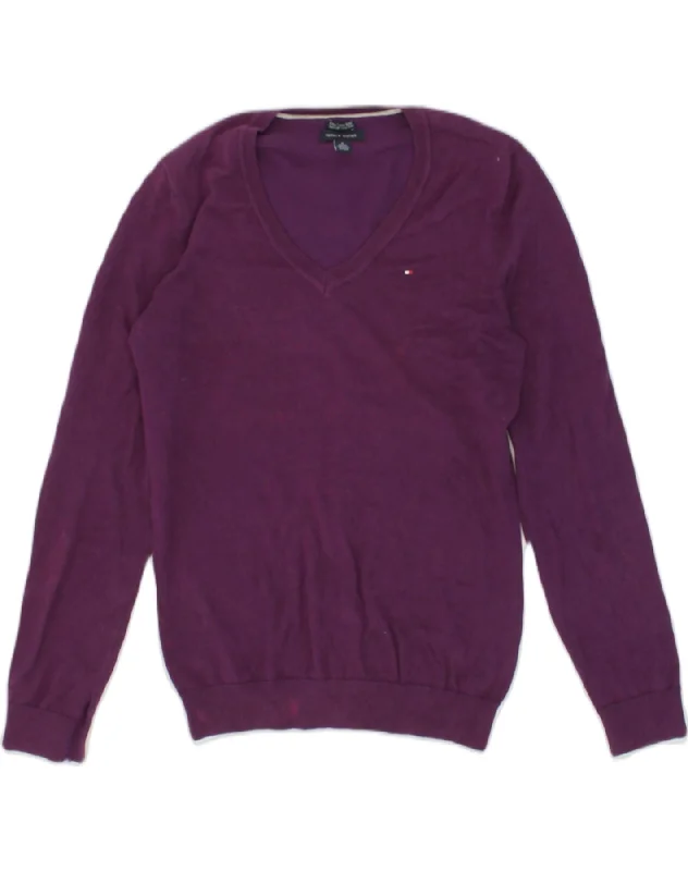 TOMMY HILFIGER Womens V-Neck Jumper Sweater UK 12 Medium Purple Cotton