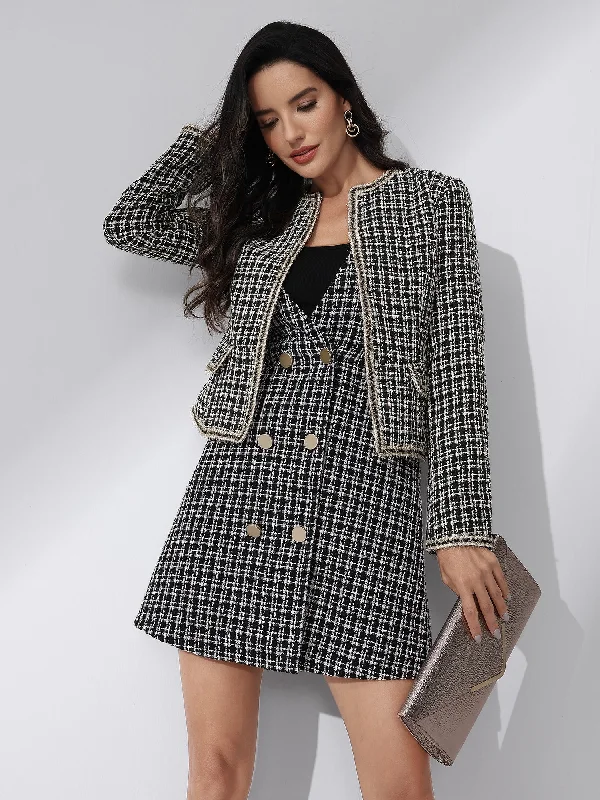 Plaid Tweed Long Sleeve Open Front Work Office Cropped Jacket Blazer