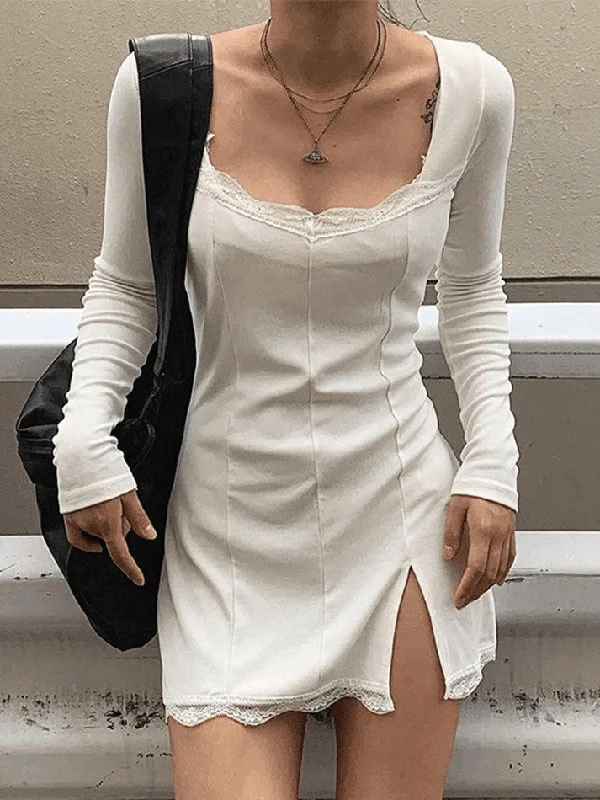 Price Buster Lace Paneled Split Long Sleeve Mini Dress