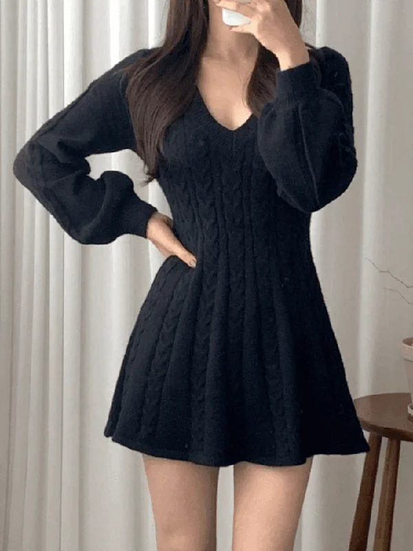 Deal Explosion V Neck Cable Knit Long Sleeve Mini Dress