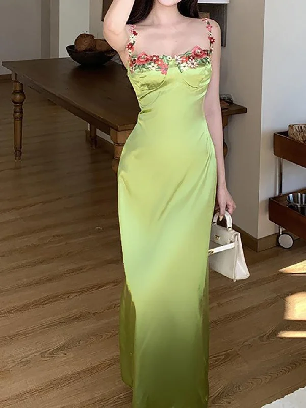Take Advantage Sexy Spaghetti Strap Floral Satin Maxi Dress