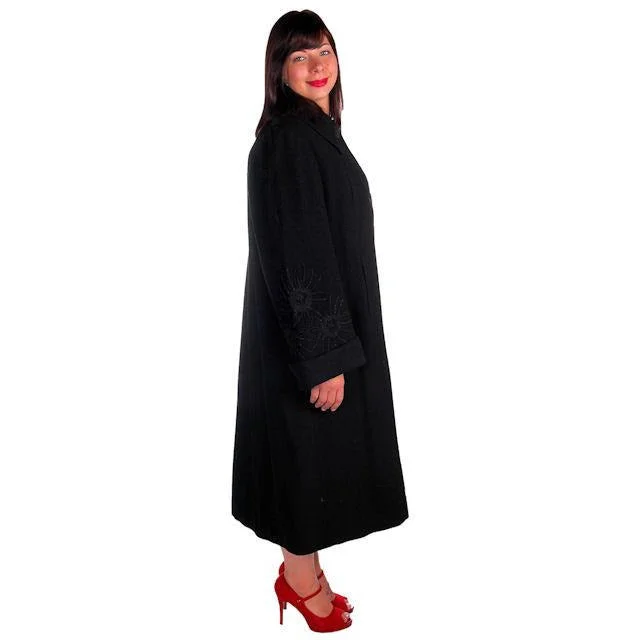 Vintage Black Wool Swing Coat Fab Sleeve Beading Details 1940s M-XL