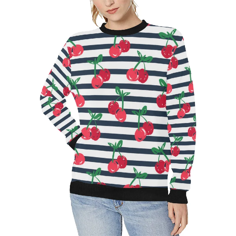 One-DAY Sale Hand drawn cherry pattern striped background Women's Crew Neck Sweatshirt