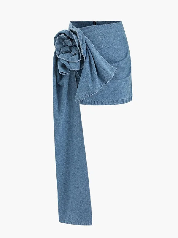 Discount Mania Rose Corsage Denim Mini Skirt