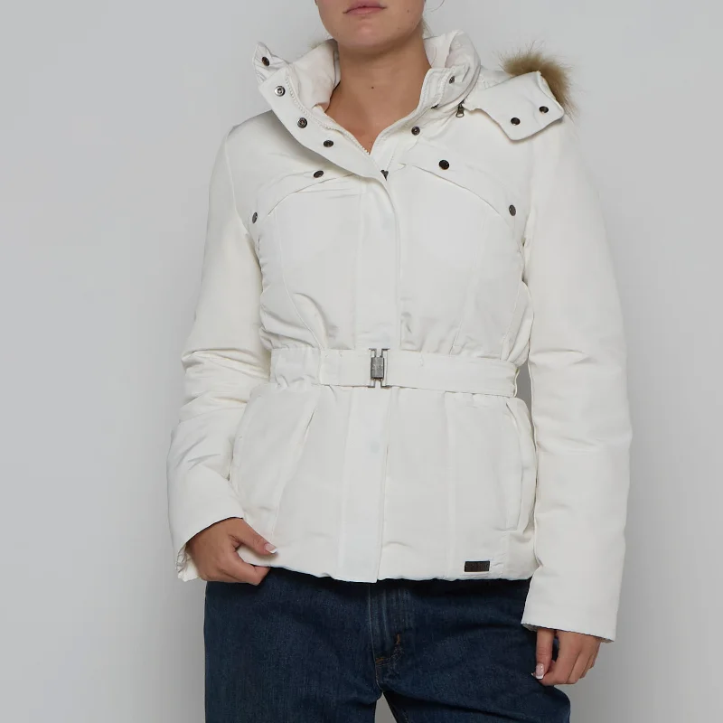 Steals and Deals Belted Fur Trim Hood Jacket - S