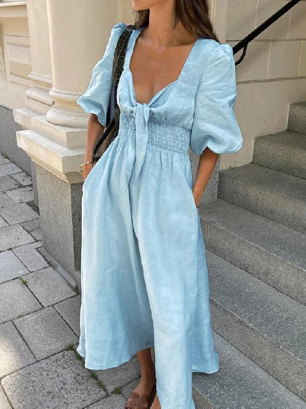Instant Savings Linen Cotton Front Tie Midi Dress