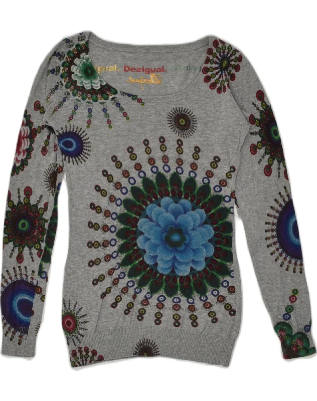 Last Chance DESIGUAL Womens Graphic Boat Neck Jumper Sweater UK 8 Small Grey Floral