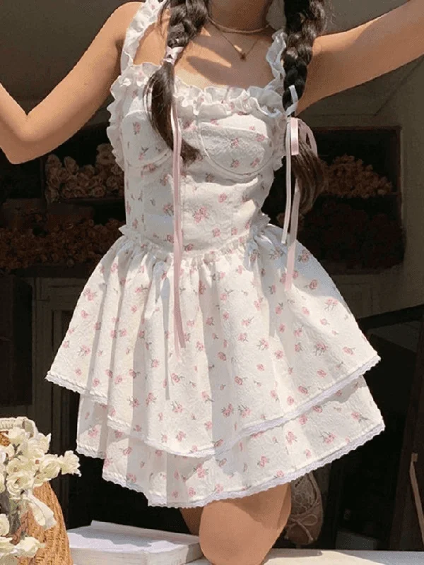 Super Sale Wood Ear Floral Sling Mini Dresses