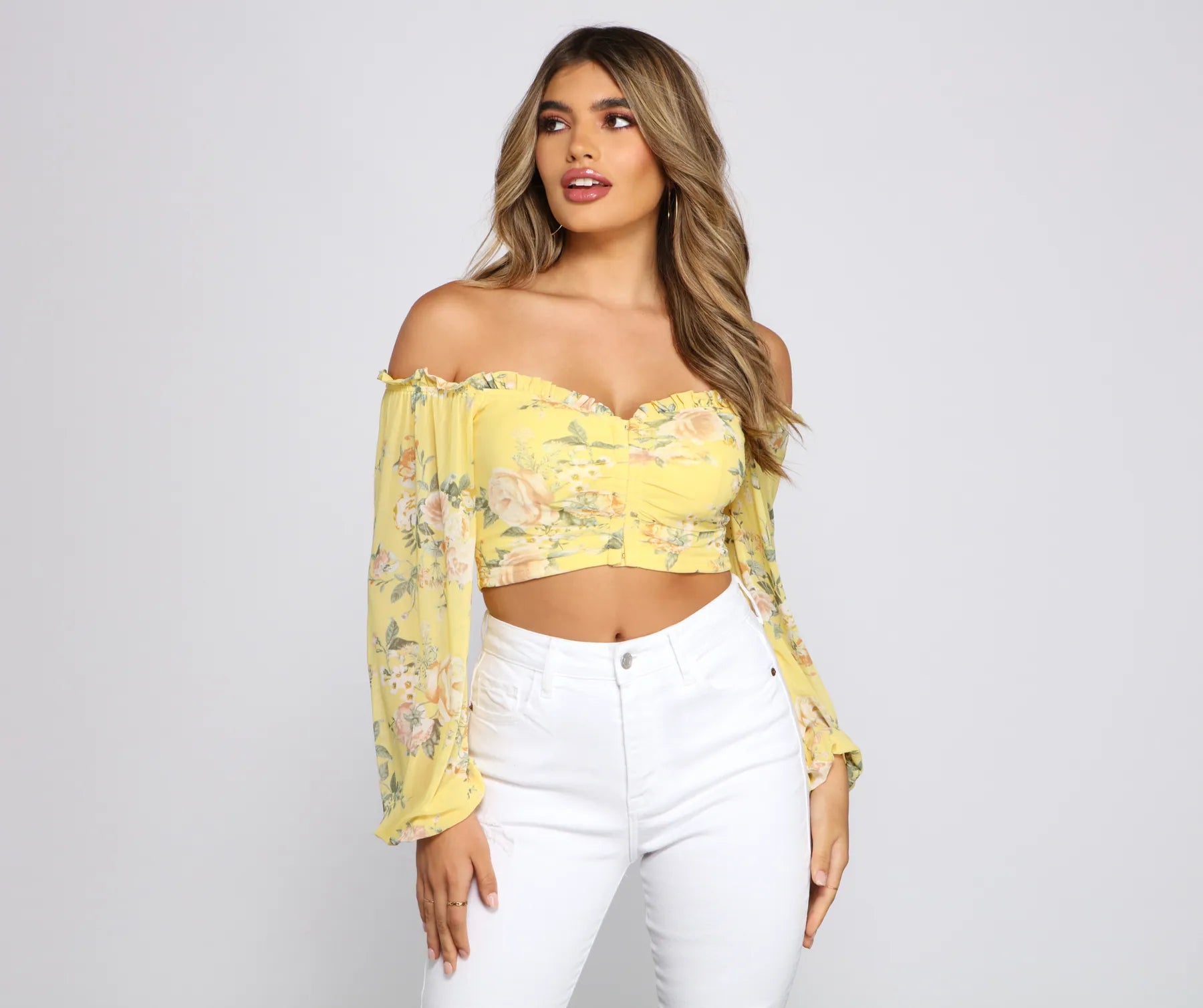 Year-End Sale Off The Shoulder Floral Sensation Crop Top