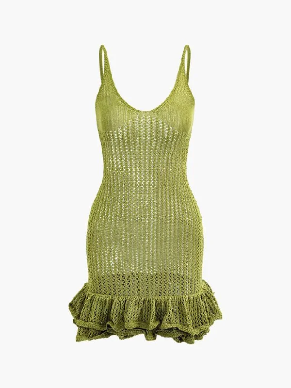 Fantastic Deals Open Knit Ruffle Hem Cami Mini Dress
