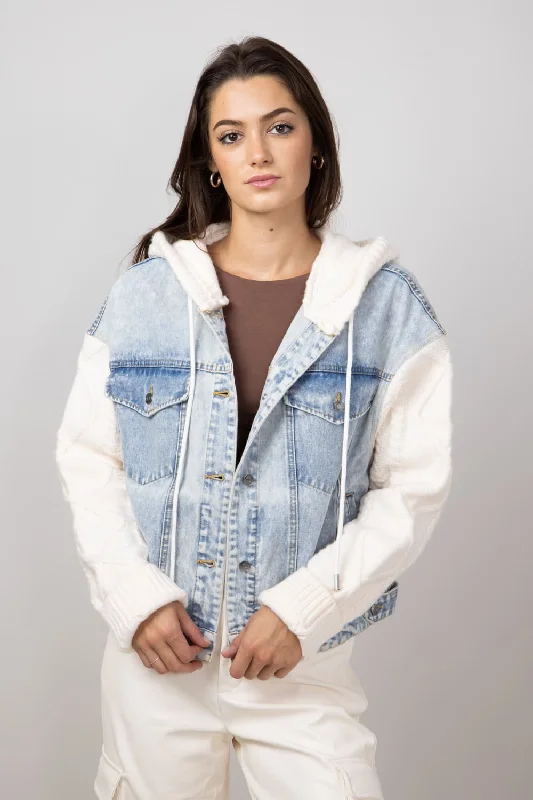 Elan Mixed Media Denim Jacket for Women in Denim/White | JK8225-DNMWHT